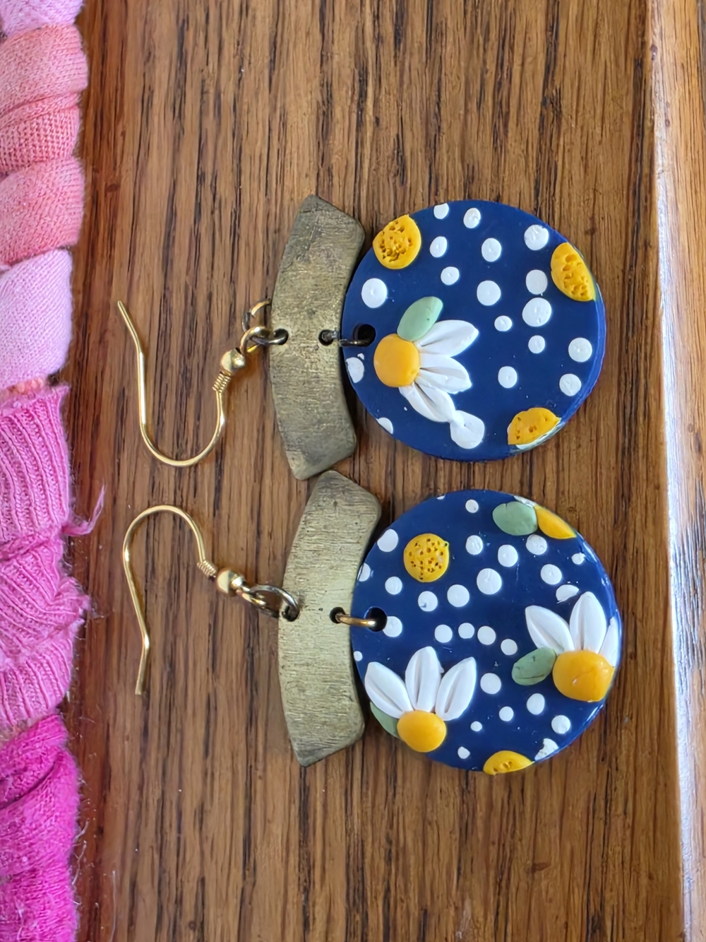 Handmade Blue Daisy Drop Earrings with Gold Hooks